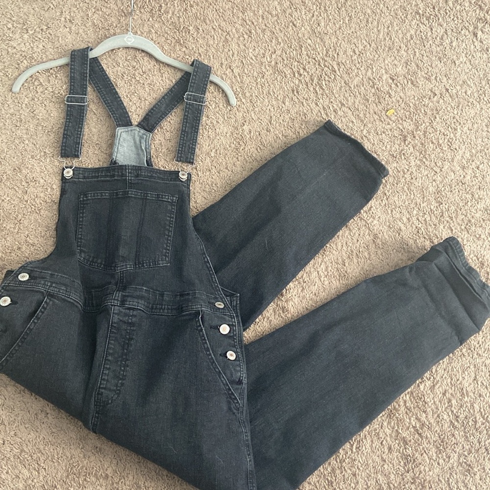 Washed black denim overalls